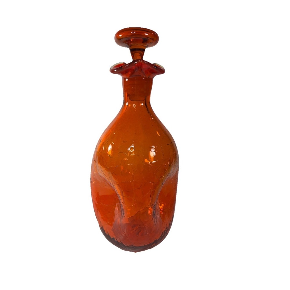 Vintage MCM Blenko #49 Pinched Tangerine Crackle Glass Decanter w/Stopper